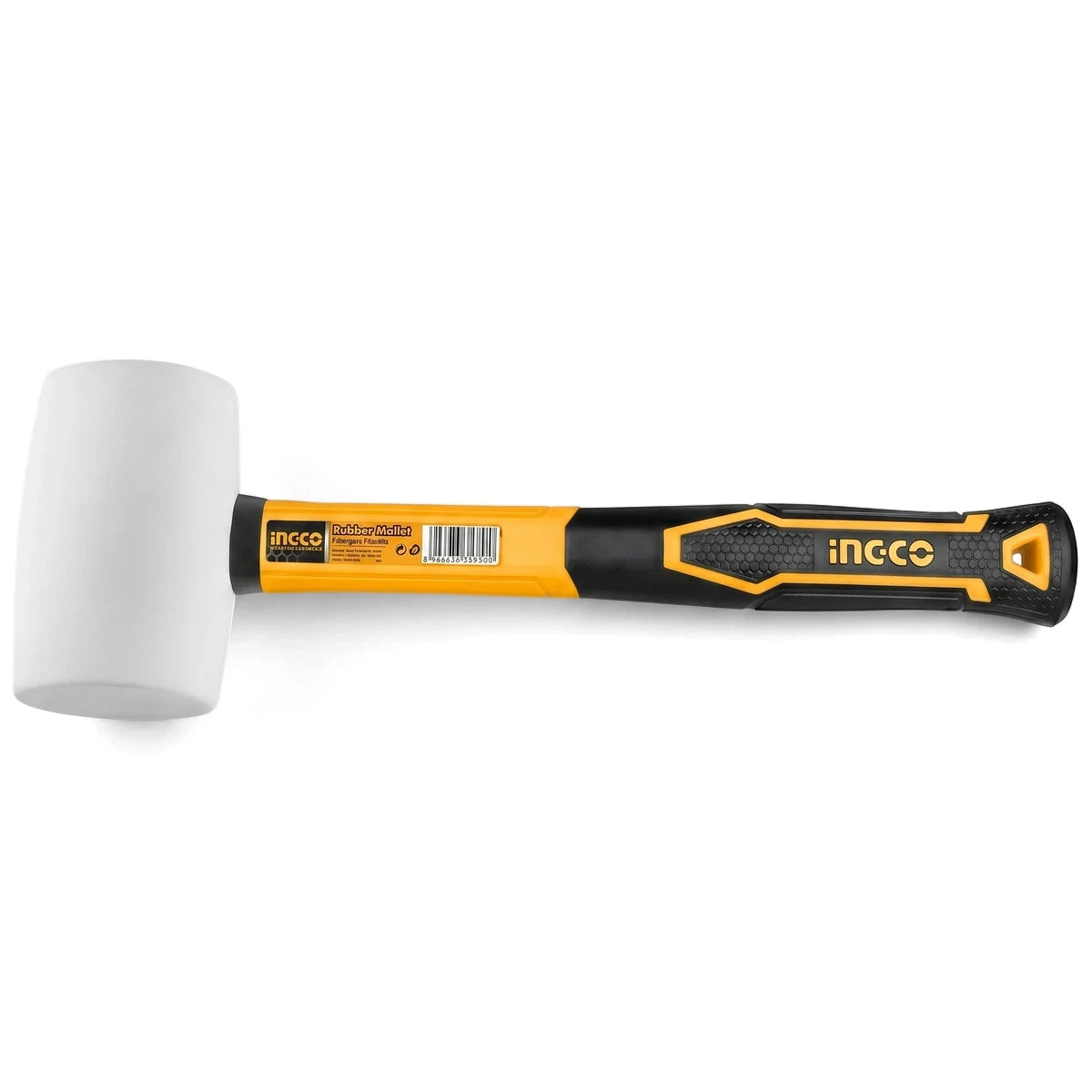 White rubber mallet with a yellow and black fiberglass handle, featuring an INGCO logo and textured grip.