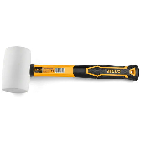 White rubber mallet with a yellow and black fiberglass handle, featuring an INGCO logo and textured grip.