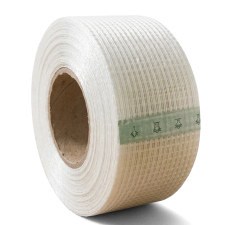 White rolled fibreglass tape, 50mm x 45m, displaying its textured surface and a green measurement band.