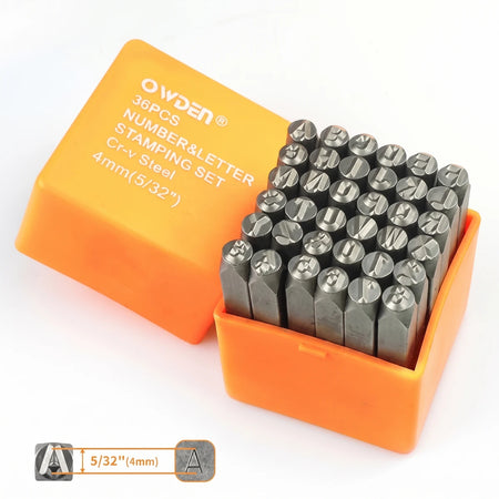 OWDEN 36-piece 4mm (5/32") Cr-v steel number and letter stamping set displayed in an orange case.