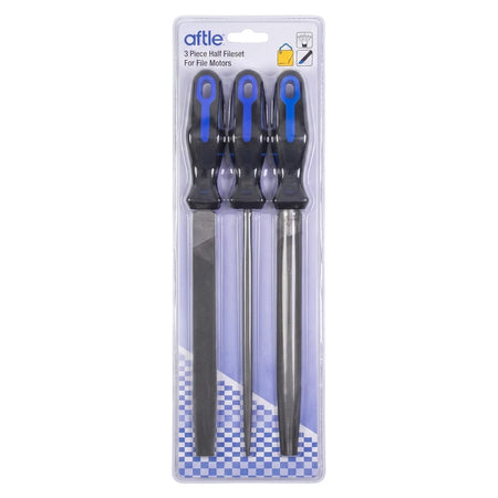 A 3-piece 200mm file set with blue and black handles, displayed vertically in clear retail packaging.