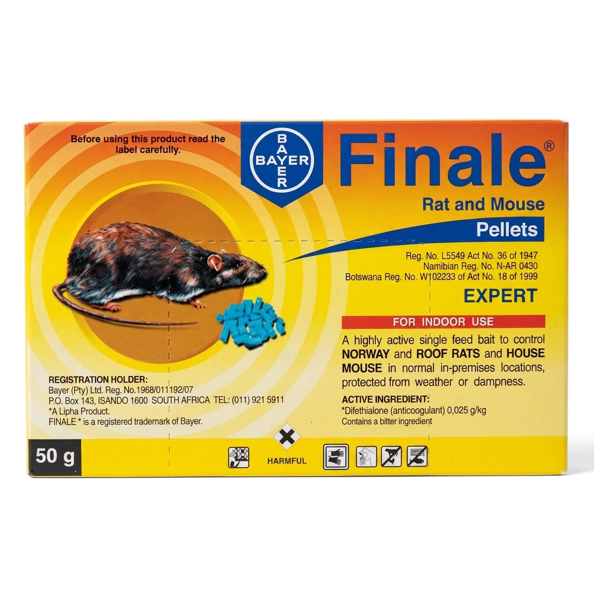 Finale Pellets 50 G Rodent Repellent in a yellow and orange box, featuring a rat illustration and blue pellets.