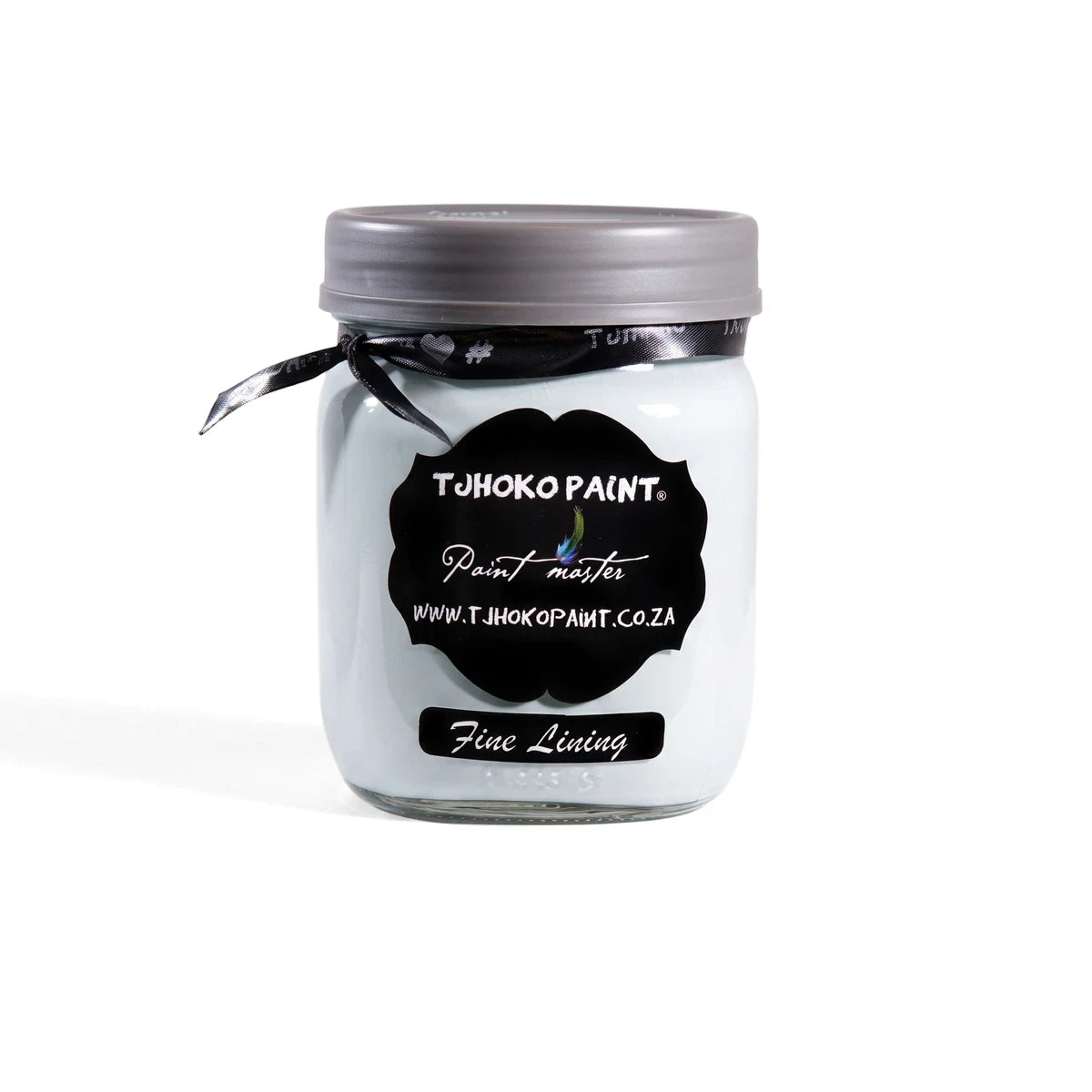 Fine Lining 500ml Chalk Paint jar in light blue-grey with a black label, resting on a wooden shelf.