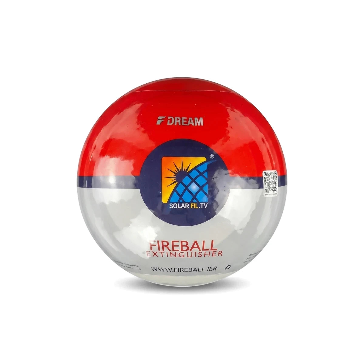 Fireball Extinguisher, a spherical safety device, featuring a red top half and a silver bottom with a blue and yellow logo.