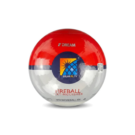Fireball Extinguisher, a spherical safety device, featuring a red top half and a silver bottom with a blue and yellow logo.