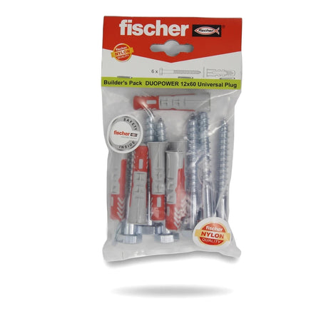Fischer DUOPOWER 12x60 Universal Anchor builder's pack with red and gray plugs and silver screws in clear packaging.