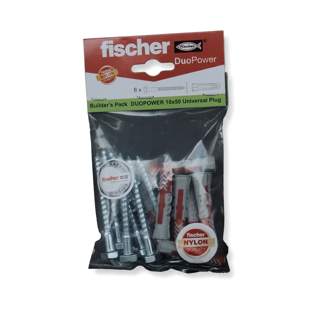 Fischer Duopower Plugs & Screws Builder's Pack 10x50 universal plug, containing 8 silver screws and red and grey wall plugs
