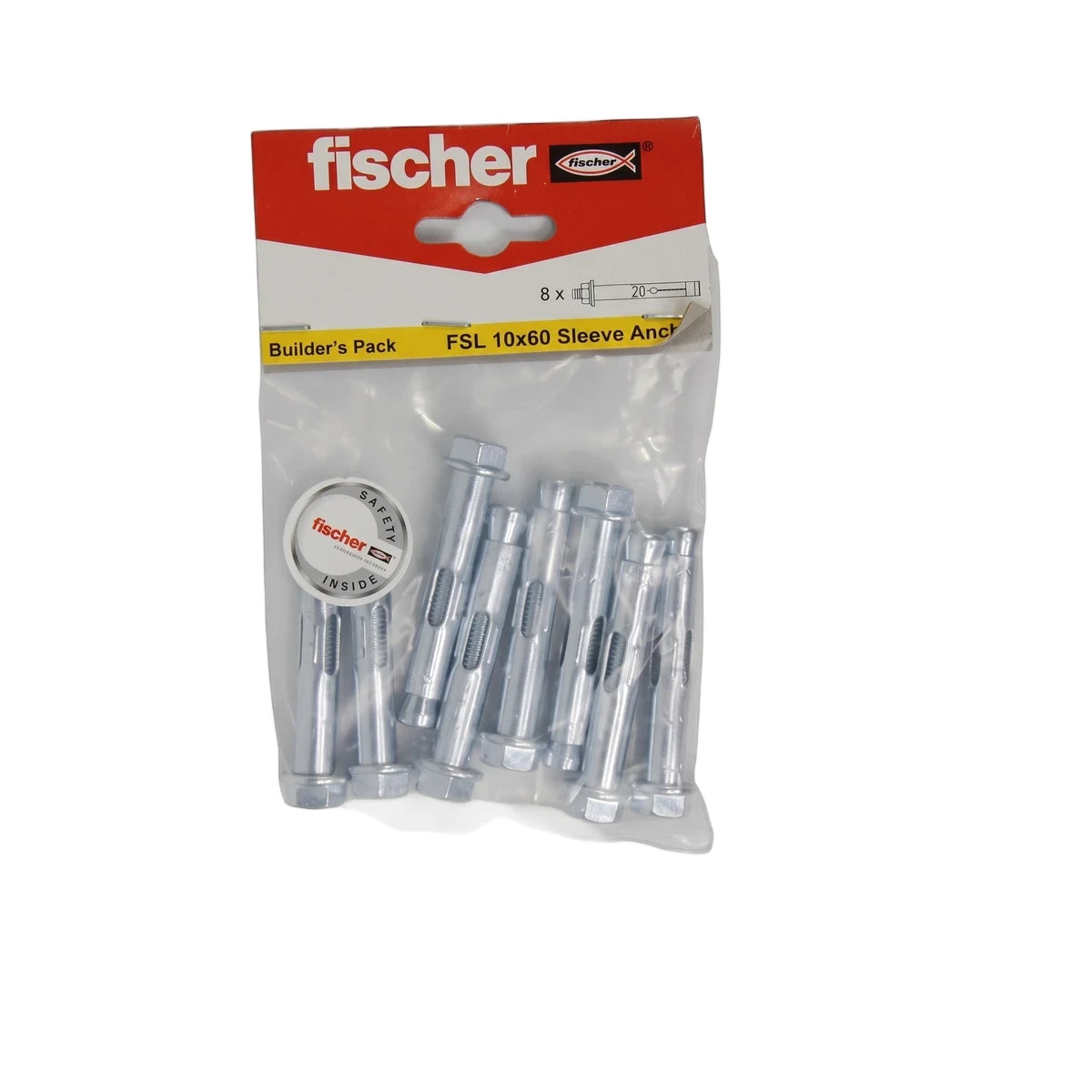 Fischer FSL 10x60mm sleeve anchor builder's pack containing 8 metallic anchors, displayed in clear plastic packaging with a