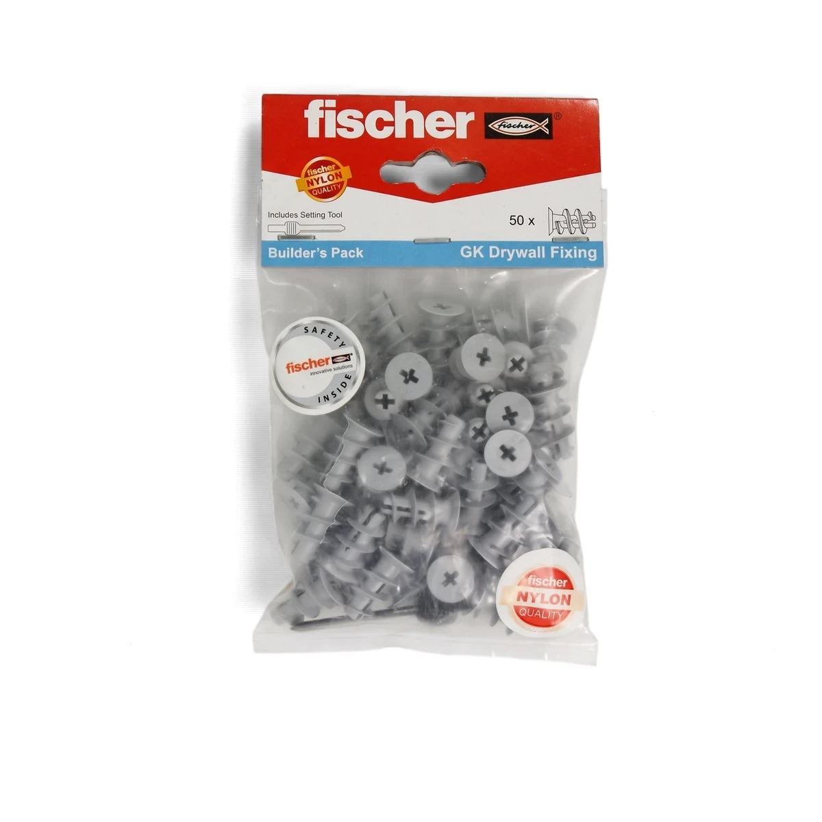 Fischer GK Drywall fixing builder's pack, 50 grey plastic anchors in a clear bag with red and white packaging.