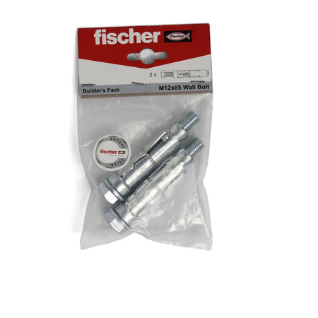 Two silver metallic Fischer M12x85 Wall Bolts packaged in a clear plastic packet with a red and white header.