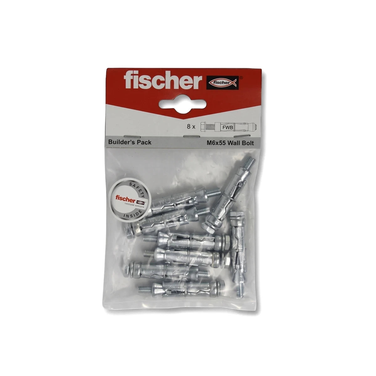Eight metal Fischer M6x55 Wall Bolts in a clear builder's pack with a red and grey branded header card.