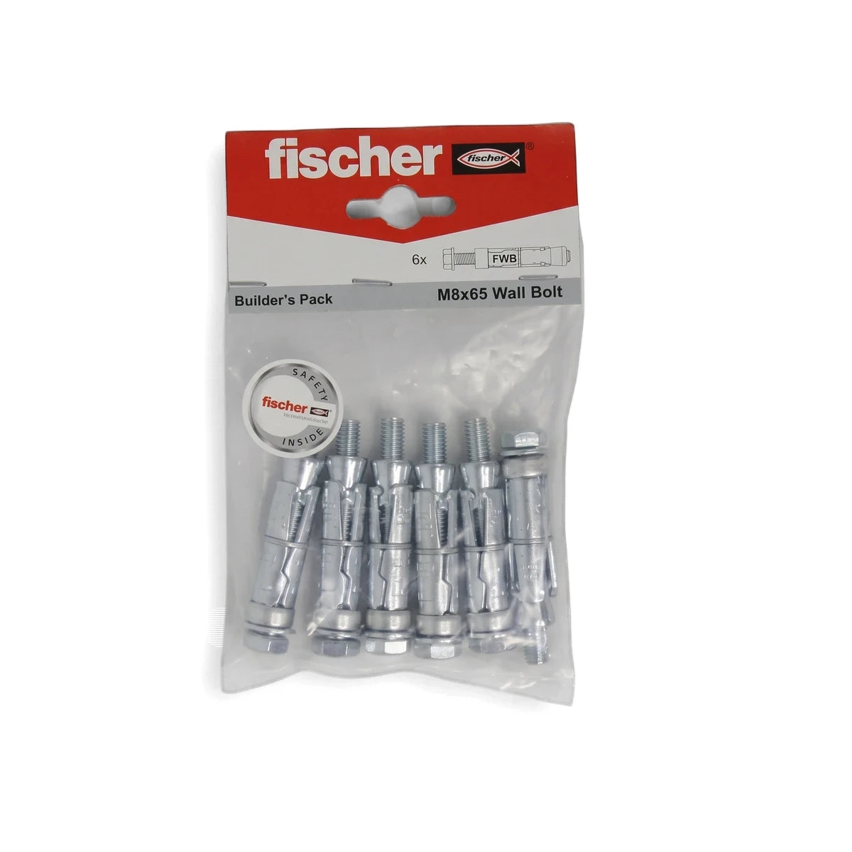 Fischer M8x65 Wall Bolt Builder's Pack with six metallic wall bolts sealed in a clear plastic package with a red and white