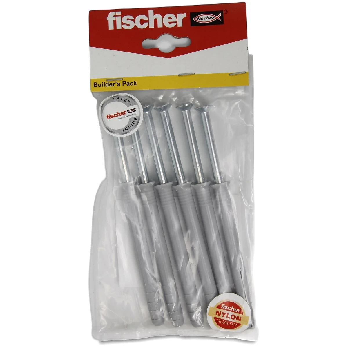 Fischer N 10x135Z Hammerfix Builder's Pack of 6 plastic wall anchors with metal nails in clear retail packaging.