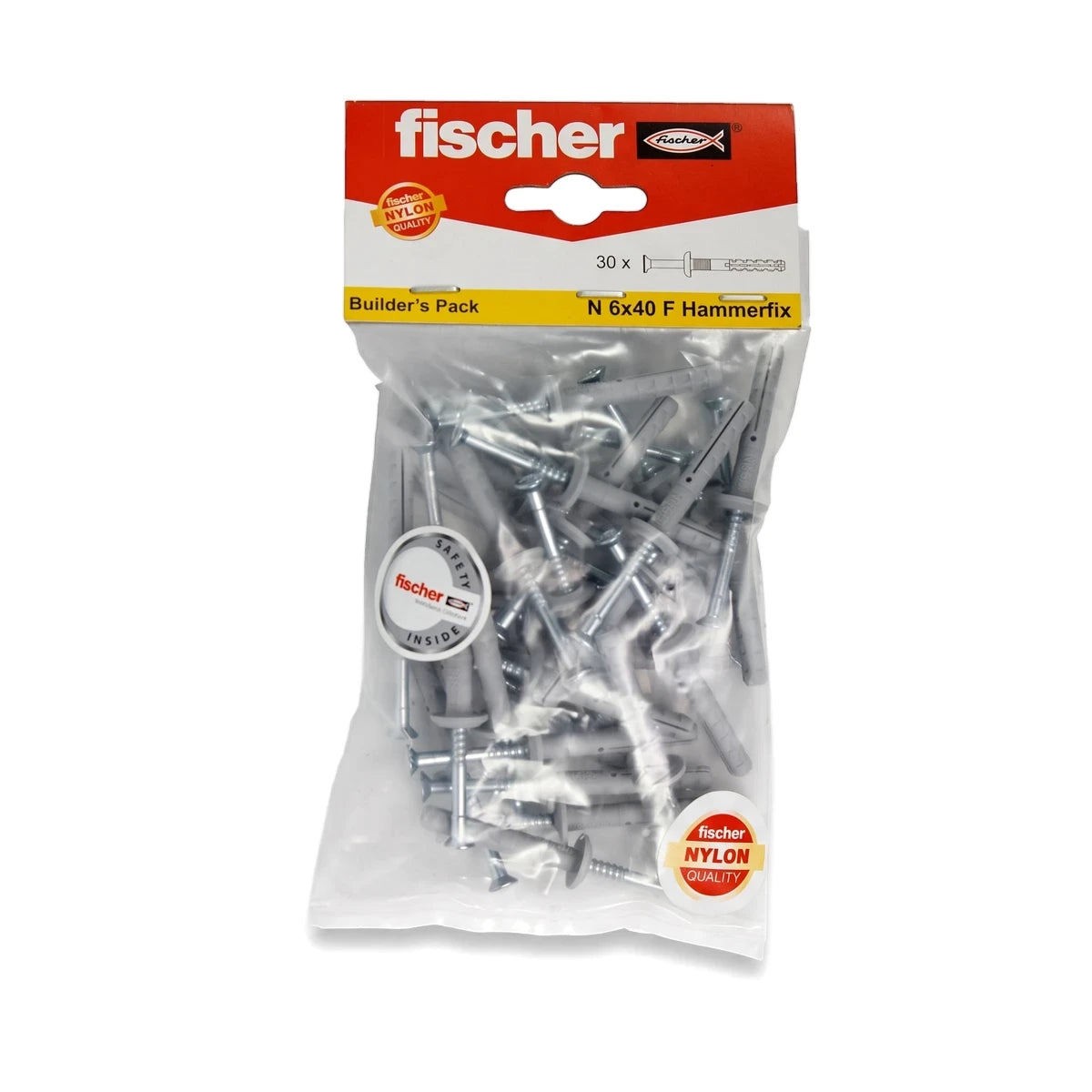A clear plastic bag of fischer N 6x40 F Hammerfix anchors and screws, featuring red and yellow branding.