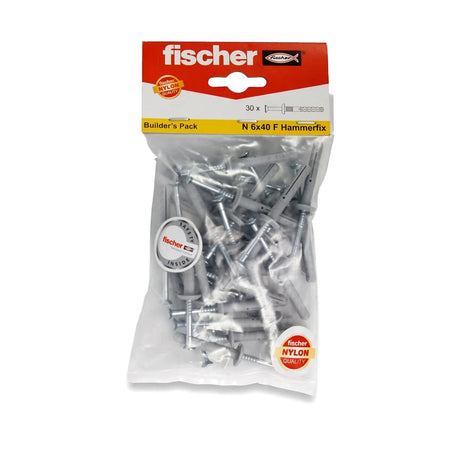 A clear plastic bag of fischer N 6x40 F Hammerfix anchors and screws, featuring red and yellow branding.