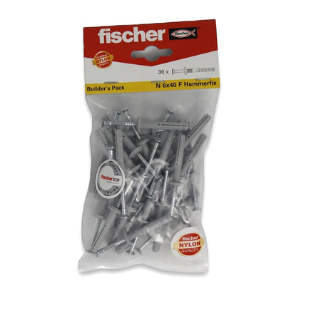 Fischer N 6x40 F Hammerfix builder's pack, a clear plastic bag containing 30 grey wall plugs and silver screws.