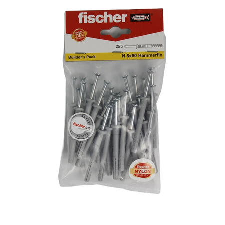 Fischer N 6x60 Hammerfix anchors in a clear plastic Builder's Pack with a red and white header.