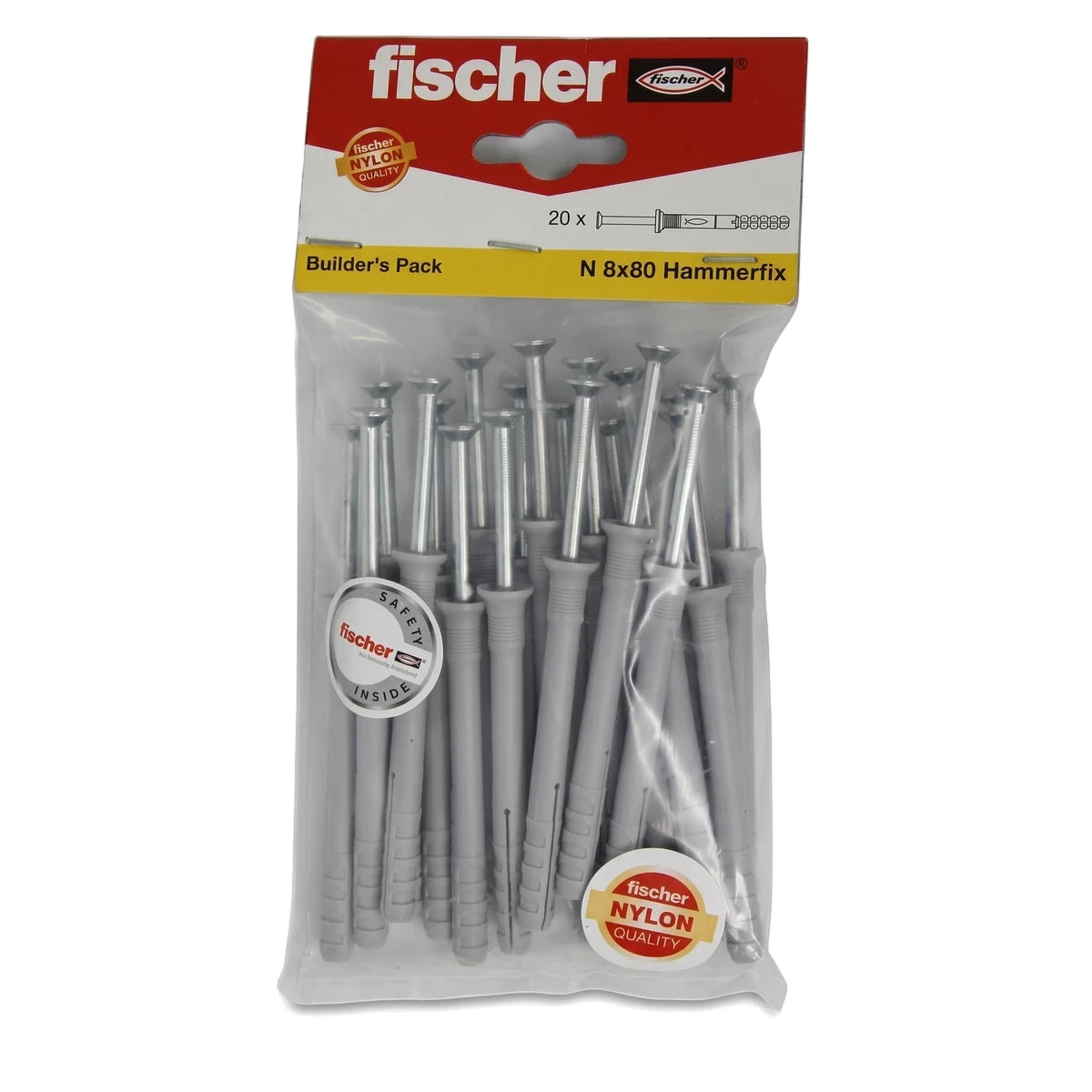 Fischer N 8x80 Hammerfix builder's pack, containing 20 grey plastic anchors with metal nails in clear plastic packaging.