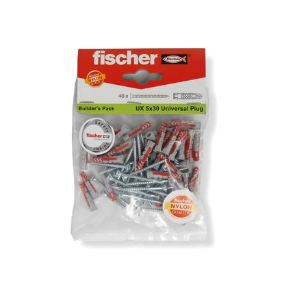Fischer UX 5x30 universal plugs and screws in a clear plastic builder's pack, 40 pieces.