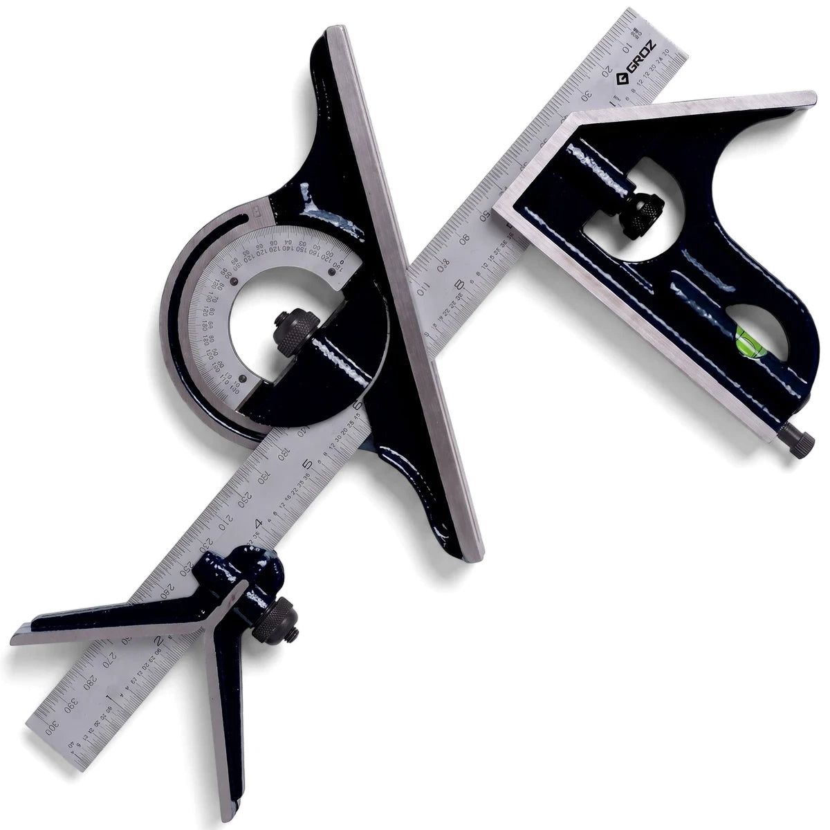Fisher 4-piece combination square set in black and silver, showing rulers, a protractor, and two square heads.