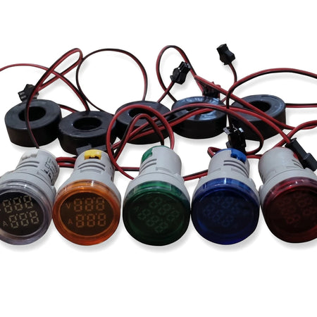Set of five 24Vac-400Vac ammeter lights in clear, orange, green, blue, and red with multiple 100A current transformers.