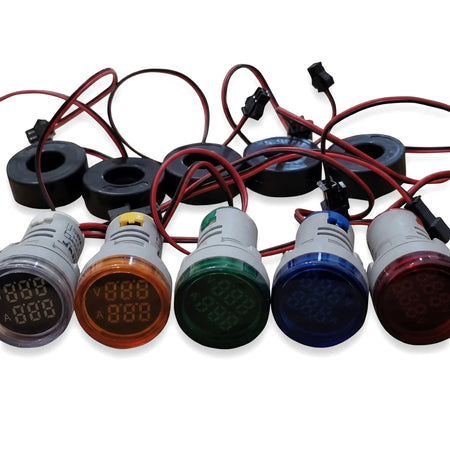 Five multi-colored 24Vac-400Vac ammeter lights with digital displays and 100A current transformers, connected with wires.