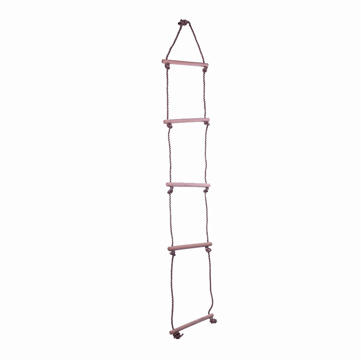 Five-step wooden climbing ladder for swing set, featuring sturdy wooden rungs and durable braided rope sides, isolated.