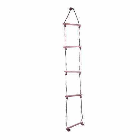 Five-step wooden climbing ladder for swing set, featuring sturdy wooden rungs and durable braided rope sides, isolated.