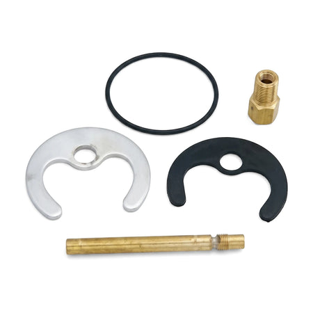 Set of fixation shower parts including a brass fitting, brass rod, rubber o-ring, and C-shaped metal and rubber gaskets.