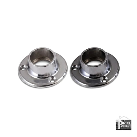 Two shiny chrome metal flange gaskets for mounting, featuring a round base with screw holes and a cylindrical opening.