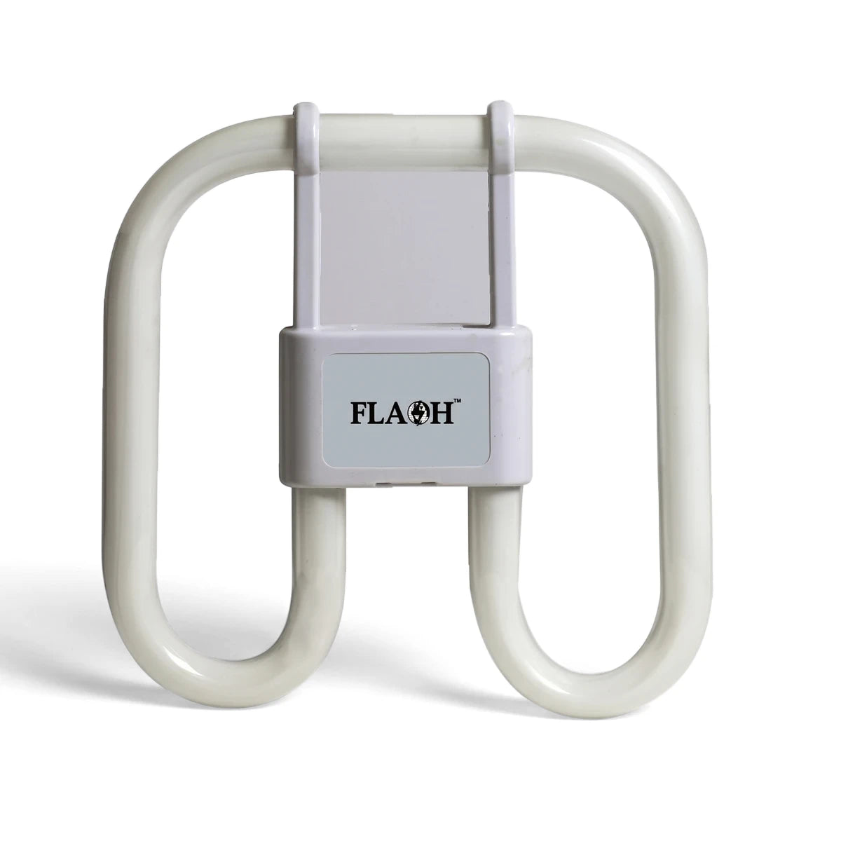 White FLAOH 2D 16W 2-pin compact fluorescent lamp with U-shaped tubes and a grey branded base, viewed from the front.