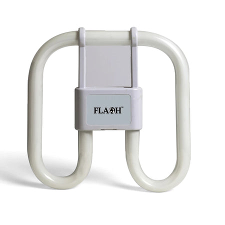 White FLAOH 2D 16W 2-pin compact fluorescent lamp with U-shaped tubes and a grey branded base, viewed from the front.