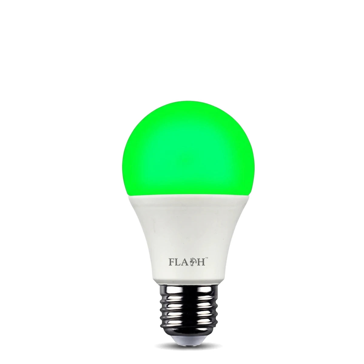 A glowing green FLASH 6W A60 E27 LED bulb with a white base and silver screw-in fitting, isolated against a white background.