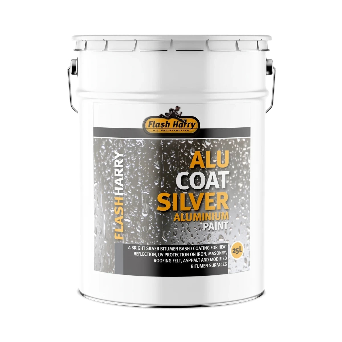 Flash Harry 25L Alu-Coat Silver Aluminium Paint in a white bucket, a reflective DIY waterproofing coating for heat and UV