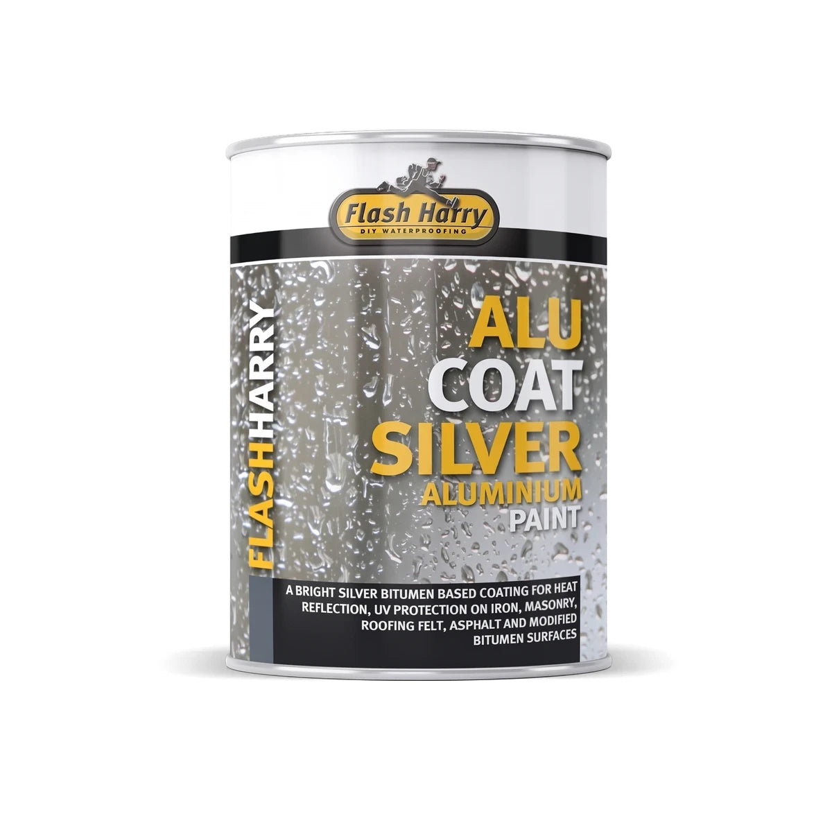 Flash Harry Alu Coat Silver aluminium paint can, 5L, featuring a textured silver finish and clear black label.