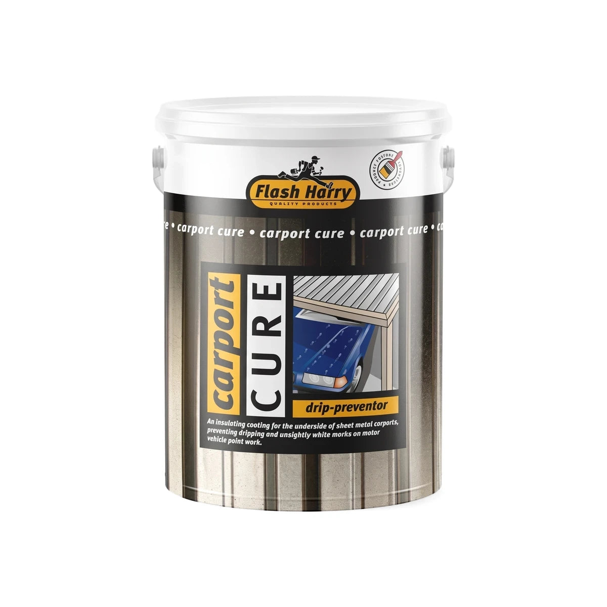 Flash Harry Carport Cure insulating coating in a grey bucket with a white lid, designed as a drip-preventor for carports.