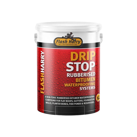 Flash Harry Drip Stop Rubberised Bitumen Waterproofing Compound in a white 5L plastic bucket with a red and black label.