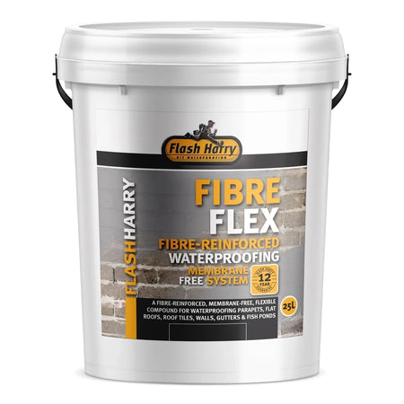 White 25L Flash Harry Fibre Flex fibre-reinforced waterproofing compound bucket, front view studio shot.