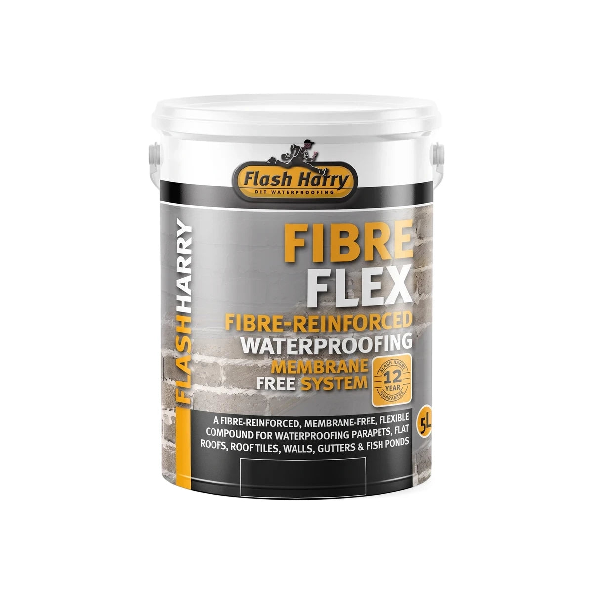 White Flash Harry Fibre Flex 5L fibre-reinforced waterproofing compound bucket with a 12-year guarantee for roofs and ponds.