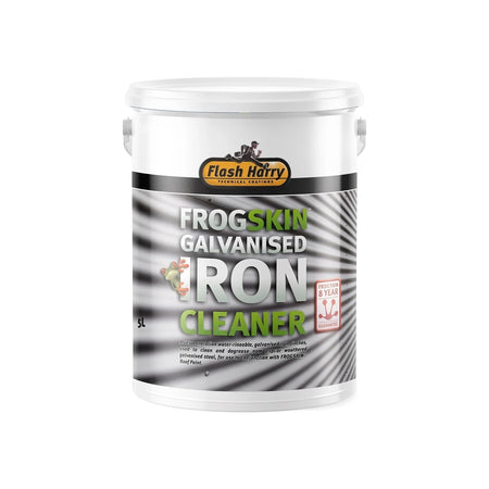 Flash Harry Frogskin Galvanised Iron Cleaner, a 5L white plastic bucket with a gray and black label, standing upright.