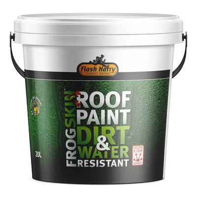 20L white and green bucket of Flash Harry Frogskin Dirt & Water Resistant Roof Paint, featuring branding and product details.