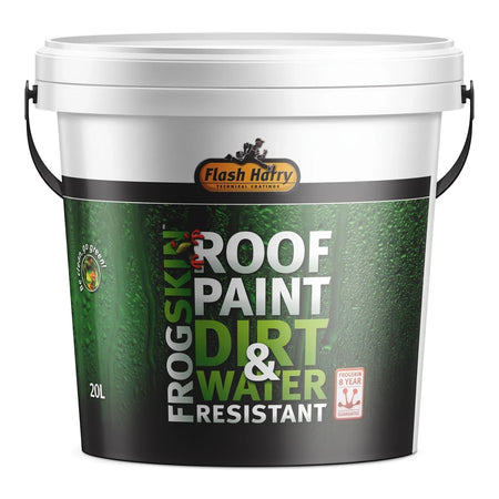 20L white and green bucket of Flash Harry Frogskin Dirt & Water Resistant Roof Paint, featuring branding and product details.