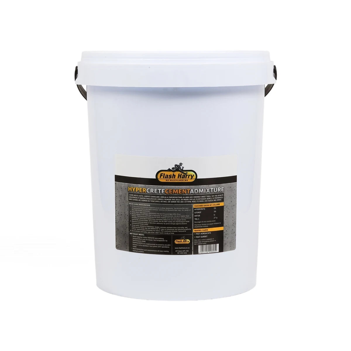 White plastic bucket of Flash Harry Hypercrete Cement Admixture, a cement-based construction material, displayed vertically.