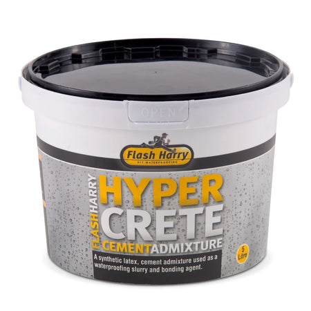 White plastic bucket of Flash Harry Hypercrete Cement Admixture, 5 Litre, with a black lid, shown at an angle.
