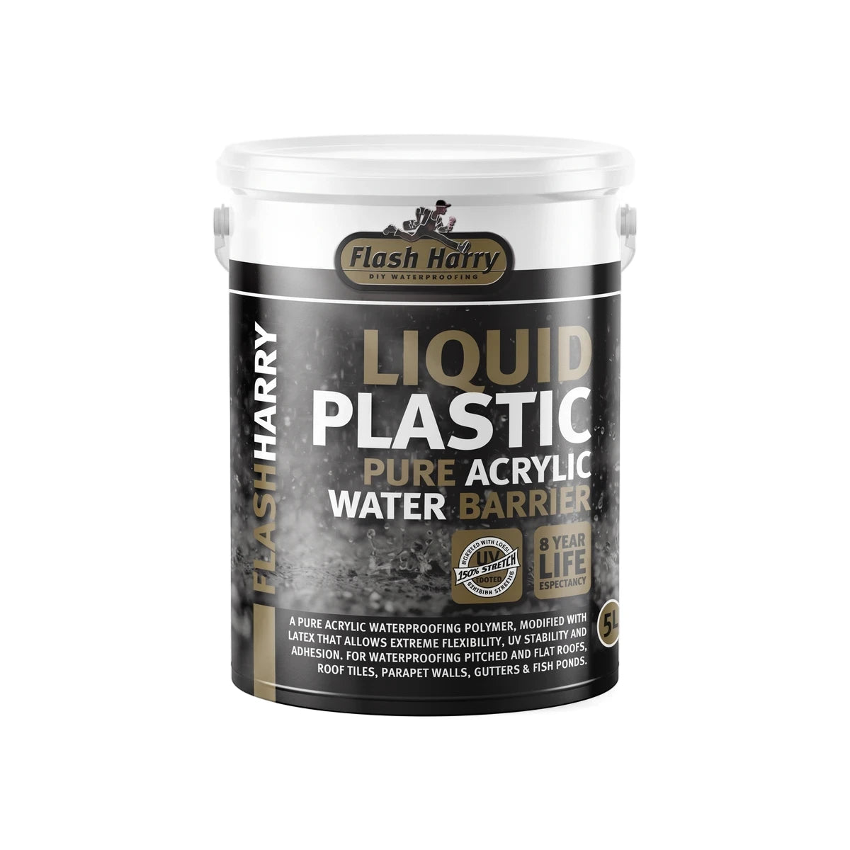 White and black Flash Harry Liquid Plastic Pure Acrylic Water Barrier 5L bucket for waterproofing applications.