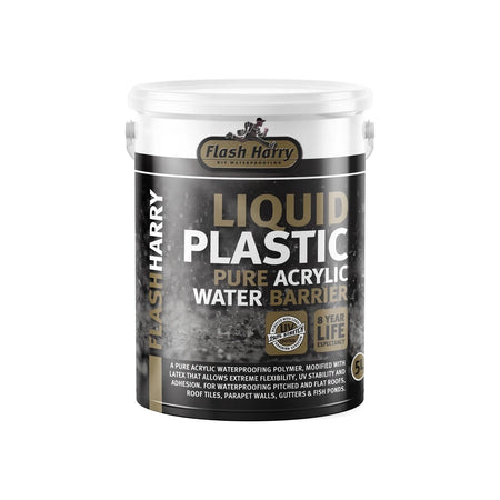 White and black Flash Harry Liquid Plastic Pure Acrylic Water Barrier 5L bucket for waterproofing applications.