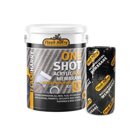 Flash Harry One Shot Acrylic and Membrane Waterproofing Kit with white bucket and black membrane roll for roofing