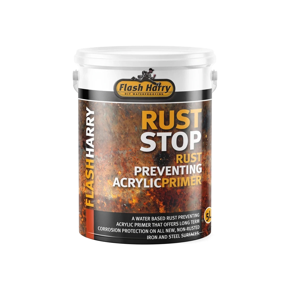 A 5-liter white plastic bucket of Flash Harry Rust Stop Rust Preventing Acrylic Primer. The container features a label with