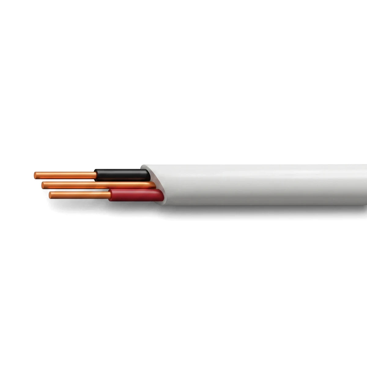 White Flat Twin + Earth 1.0mm electrical cable with exposed orange, black, and red inner wires, shown horizontally.