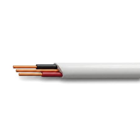 White Flat Twin + Earth 1.0mm electrical cable with exposed orange, black, and red inner wires, shown horizontally.